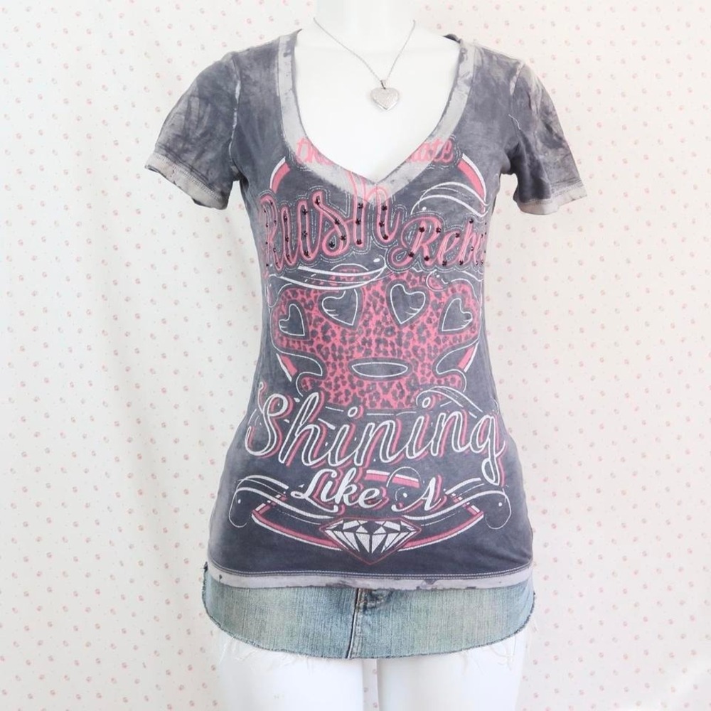 vintage rush couture rhinestone graphic tee tattoo leopard mcbling y2k top
